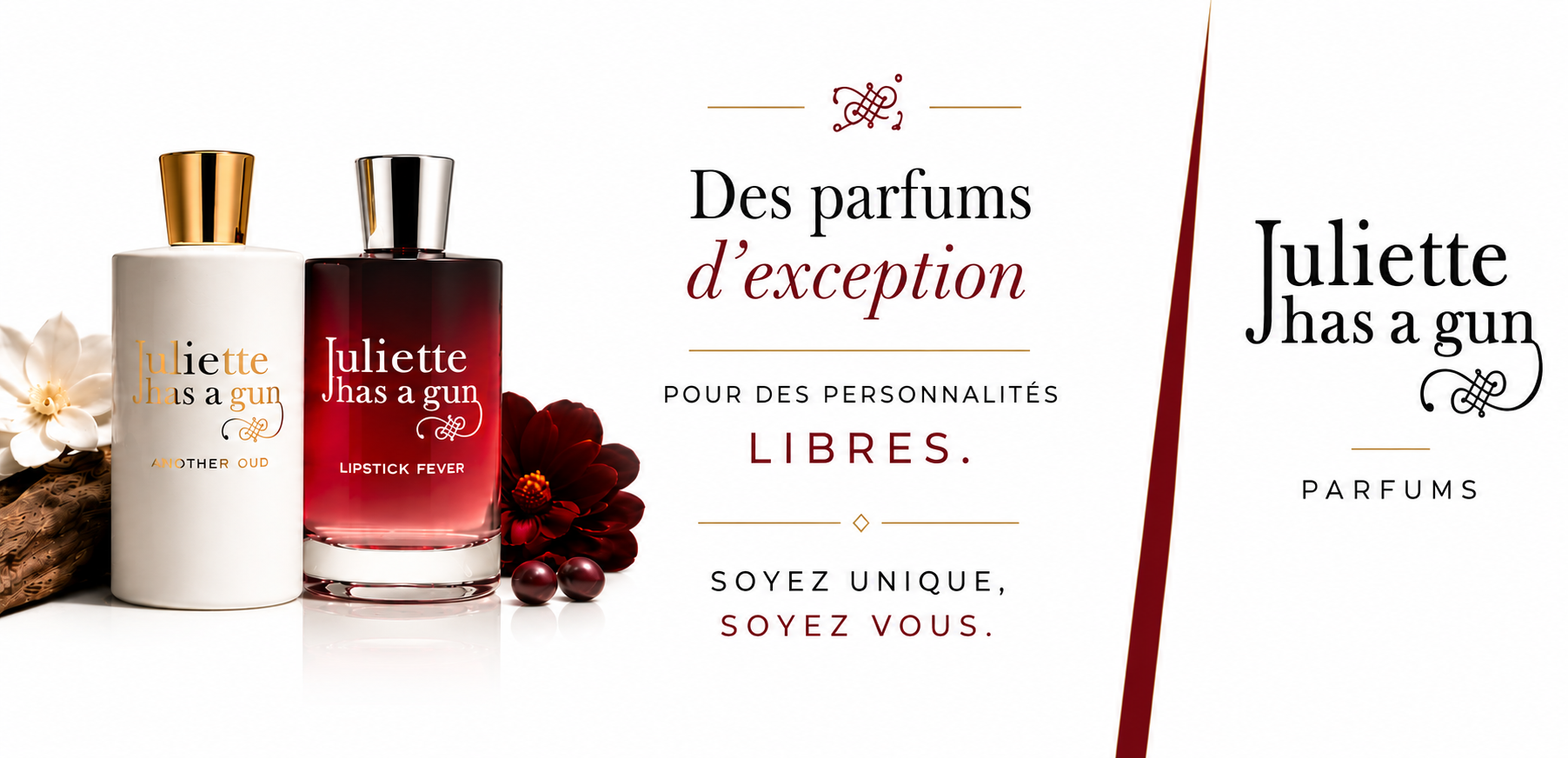 Deux flacons de parfum portant l'inscription « Juliette has a gun » sont posés sur un support blanc orné de fleurs décoratives. Un texte en français vante les mérites de parfums d'exception destinés à des personnalités uniques et libres, disponibles en exclusivité chez Univers Cosmetix. Le logo de la marque apparaît à droite. Dakar