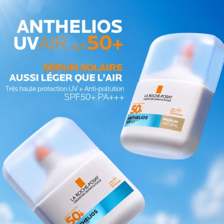 Deux flacons d'Anthelios UVAir Sérum Solaire Ultra Léger Teinté SPF 50+ de La Roche-Posay flottent dans un ciel bleu, mettant en avant leur texture légère, leur protection UV SPF 50+ et leur puissante protection anti-pollution. Dakar