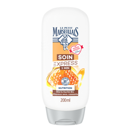Un flacon blanc de 200 ml du soin capillaire « Soin Express 1 Min » de Le Petit Marseillais, au miel et au beurre de karité, orné d'un motif de nid d'abeille doré et du logo de la marque sur le devant. Dakar