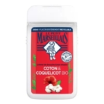 Un flacon de crème de douche Le Petit Marseillais dont l'étiquette rouge est ornée de coton blanc et d'une fleur de pavot rouge. Le texte indique "Coton & Coquelicot Bio" et précise que l'emballage est recyclable. Dakar