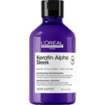 Un flacon violet de 300ml de L'Oréal Professionnel Keratin Alpha Sleek Shampoing Disciplinant avec un étiquetage blanc et noir et un bouchon noir. Dakar