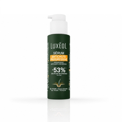 Un flacon vert de Luxéol Sérum Croissance et Accélération Pousse Cheveux 50 ml (Copie) muni d'un bouchon-pompe blanc, sur lequel figure un texte en français décrivant ses bienfaits pour stimuler la croissance et accélérer la pousse des cheveux. Dakar