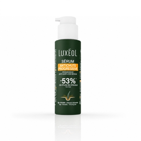 Un flacon vert de Luxéol Sérum Croissance et Accélération Pousse Cheveux 50 ml (Copie) muni d'un bouchon-pompe blanc, sur lequel figure un texte en français décrivant ses bienfaits pour stimuler la croissance et accélérer la pousse des cheveux. Dakar