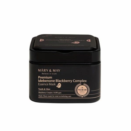 Une boîte noire de Mary and May Masque Peel-Off Ampoule Premium à Base d'Idébénone et de mûre 20 pièces, avec un texte et des graphiques dorés et blancs sur l'étiquette. Dakar