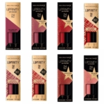 Huit rouges à lèvres Max Factor Lipfinity Lip Colour, des rouges à lèvres longue tenue avec baume 24 heures à double embout, dans des teintes bordeaux, rose, rouge et nude, sont disposés sur deux rangées sur un fond blanc. Dakar