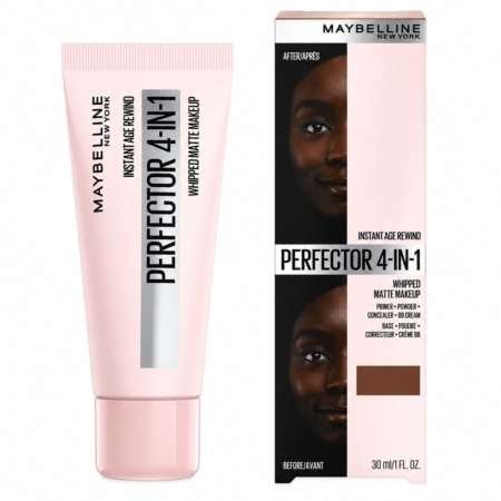 Un tube et un étui de fond de teint mat « Instant Age Rewind Perfector 4-en-1 Whipped Matte » de Maybelline, format 30 ml. L'étui présente des photos « avant-après » du visage d'une femme ainsi que des informations sur le produit en anglais et en français. Dakar