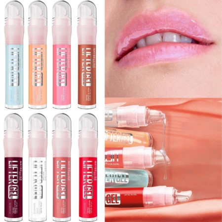 Dix tubes de « Lifter Gel Huile Pour Les Lèvres » de Maybelline New York, dans des teintes variées, sont présentés, accompagnés d'images mettant en valeur des lèvres brillantes et d'un gros plan du gloss appliqué sur une surface couleur pêche. Dakar
