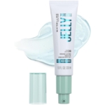 Un tube de « Poreless Jelly » de Maybelline à la niacinamide, sur fond de gel bleu clair. Le tube est blanc avec des touches de vert menthe et un bouchon assorti ; il contient 1,0 fl. oz. (30 ml). Dakar