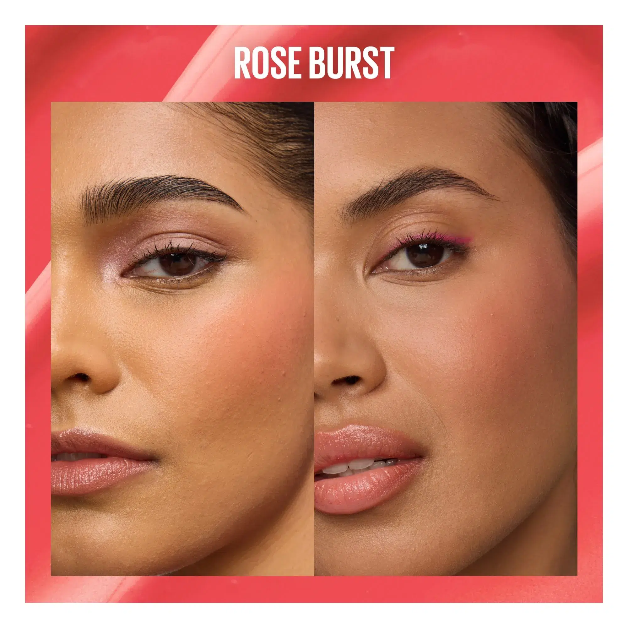 Image en double vitrine représentant deux femmes à la peau lisse, arborant un maquillage rosé, avec un fard à paupières rose pâle et un fard à joues réalisé à l'aide du « Sunkisser Matte Blush Liquide Effet Mat » de Maybelline New York. L'inscription « ROSE BURST » en lettres blanches en gras sur un fond rose dégradé. Dakar