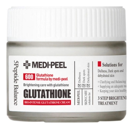 Un pot blanc de MEDI-PEEL Glutathione Bio-Intense Glutathione Cream, avec un texte rouge, noir et gris décrivant ses bienfaits en matière d'éclaircissement et de traitement de la peau pour les peaux ternes, les taches sombres et les peaux déshydratées. Dakar