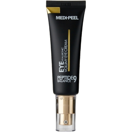 Tube noir de Crème Yeux Anti Age et Cernes + Poche Peptide 9 Hyaluronic Volumy 40 ml avec une pompe distributrice dorée et transparente, avec un texte blanc et doré sur le devant. Dakar