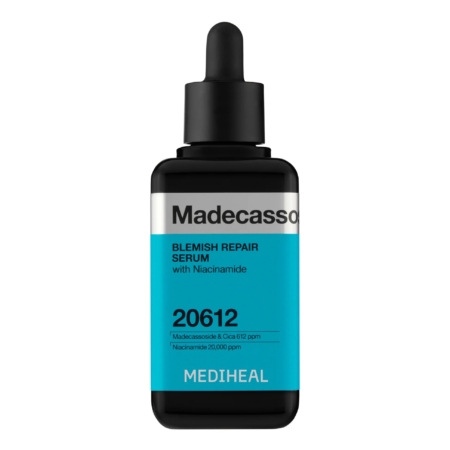 Un flacon de 40 ml de Mediheal Sérum Réparateur d'Imperfections au Niacinamide Madecassoside avec un bouchon compte-gouttes noir, une étiquette bleue et blanche, et les détails du produit en texte noir. Dakar