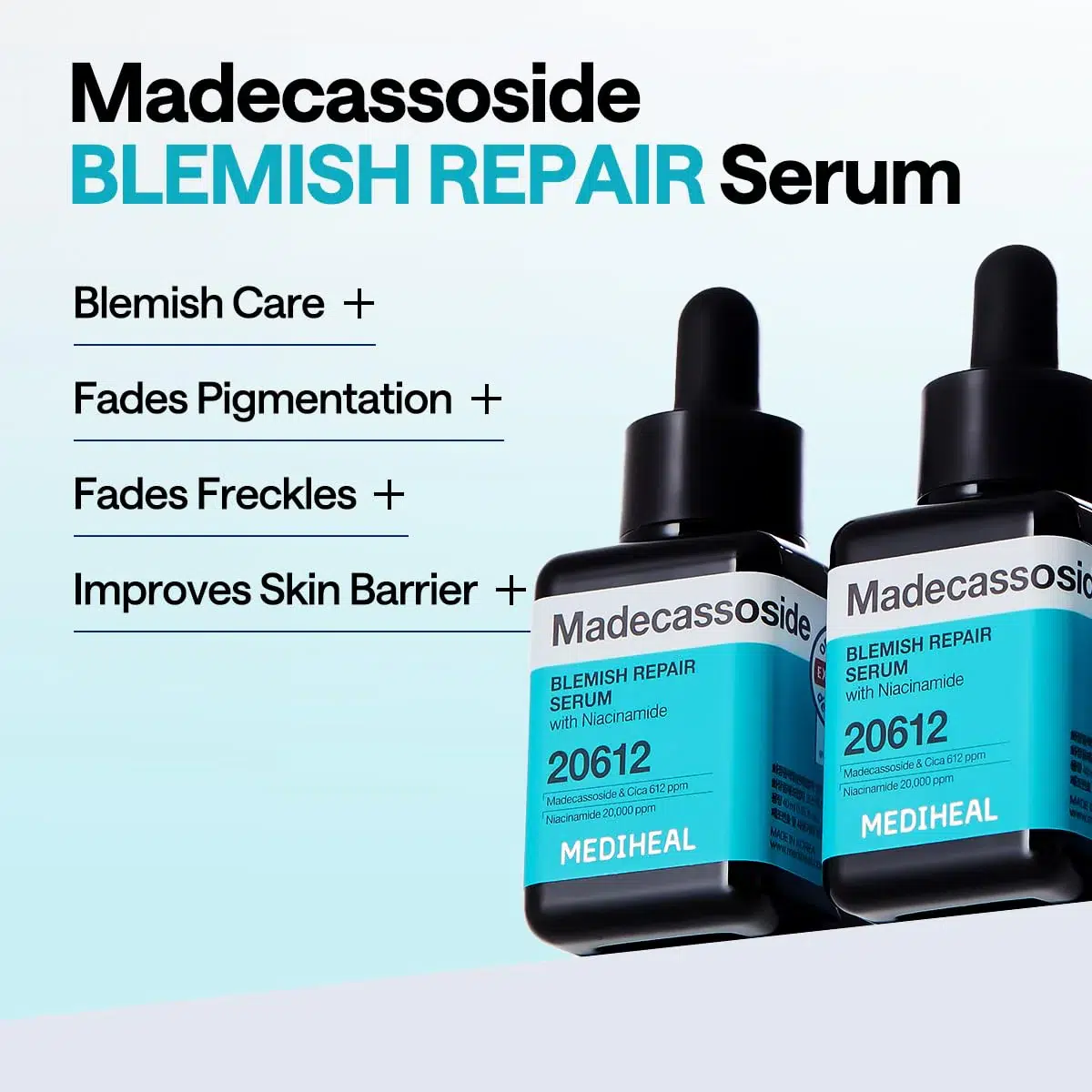 Deux flacons de Mediheal Sérum Réparateur d'Imperfections au Niacinamide Madecassoside 40 ml sont présentés sur un fond blanc avec des accents bleus. Le texte met l'accent sur le soin des imperfections, l'atténuation de la pigmentation et des taches de rousseur, et le renforcement de la barrière cutanée. Dakar
