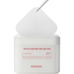 Un récipient blanc étiqueté "Disque exfoliant phyto-enzymatique 100 pièces" avec un tampon rond texturé soulevé par une pince à épiler, conçu pour les soins de jour et de nuit. Dakar