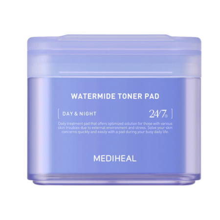 Un récipient violet étiqueté pour un usage de jour et de nuit contient 100 tampons Mediheal Hydratants à l'Eau à l'Acide Hyaluronique et Céramide, avec un texte blanc indiquant le nom et les avantages du produit. Dakar