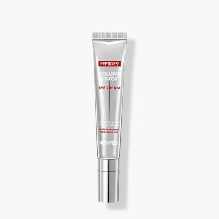Un tube argenté de Medipeel Crème Contour des Yeux Anti Rides et Éclaircissant Peptide 9 Volume Lif-Tox 100g se tient debout sur un fond blanc, affichant un texte rouge et blanc sur son emballage. Dakar