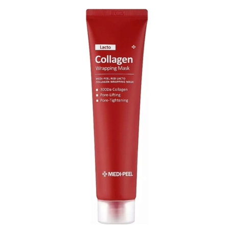 Tube rouge de Medipeel Masque Enveloppant Peel Off Propriétés Lissantes et Raffermissantes Red Lacto Collagen 70 ml avec texte blanc. S'associe bien avec le Masque Peel-Off Ampoule Premium à Base d'Idébénone et de mûre 20 pièces. Dakar