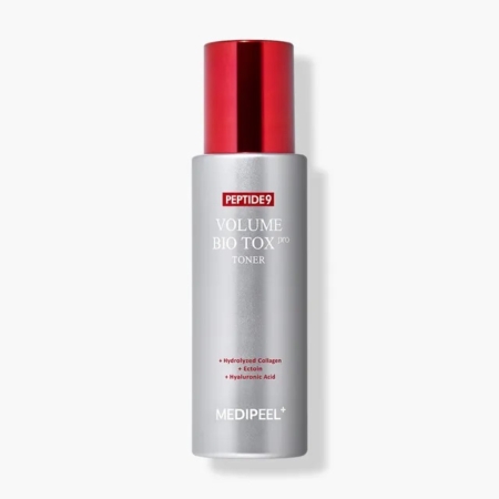 Le Medipeel Tonique Éclat Anti Age Peptide 9 Volume Bio Tox Toner Pro 250 ml se présente dans un flacon argenté avec un bouchon rouge et contient du collagène hydrolysé, de l'ectoïne et de l'acide hyaluronique comme ingrédients clés. Dakar