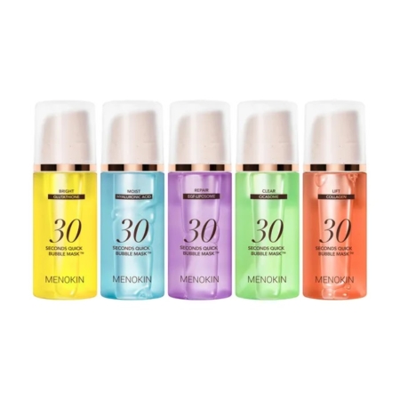 Cinq flacons colorés du « Menokin Masque à Bulles Purifiant et Éclat 30 Seconds Quick » (1 pièce) sont soigneusement alignés, chacun portant une étiquette indiquant un bienfait spécifique : éclat, hydratation, réparation, pureté ou lifting. Dakar