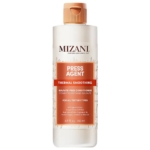 Un flacon de revitalisant lissant thermique sans sulfate Mizani Press Agent, d'une contenance de 8,5 fl oz, avec un corps beige, une étiquette orange et un bouchon à rabat. Convient à tous les types de cheveux. Dakar