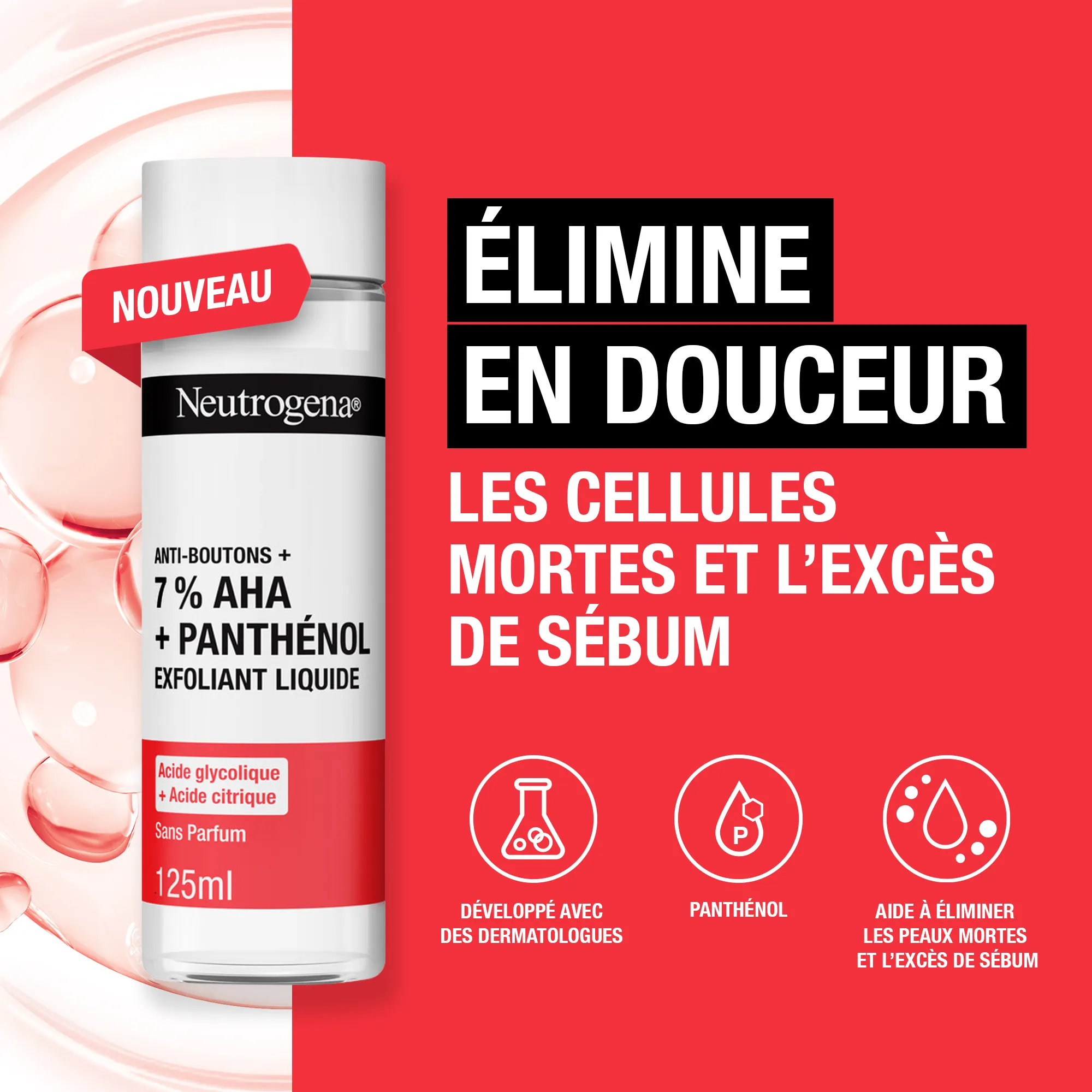 Image promotionnelle du produit « Garnier Skin Active Soin Liquide Exfoliant Salicylique Peau Lisse » 120 ml, qui élimine en douceur les cellules mortes et l'excès de sébum, avec des icônes mettant en avant l'expertise dermatologique et les ingrédients clés. Dakar
