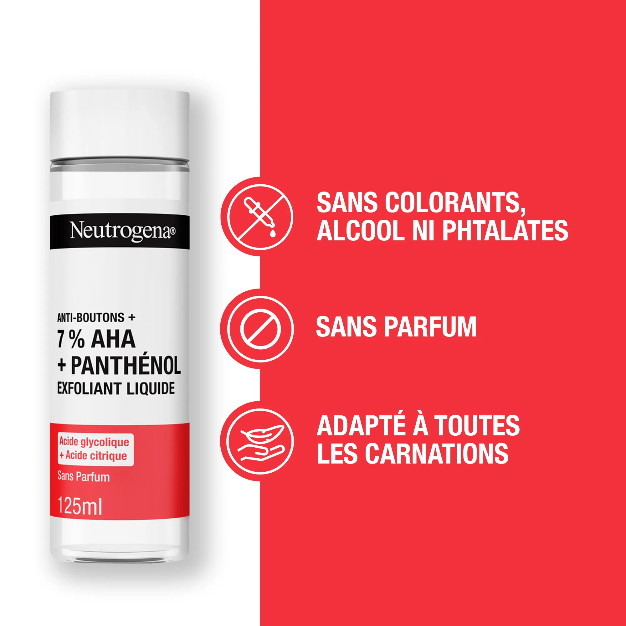 On voit ici un flacon de « Garnier Skin Active Soin Liquide Exfoliant Salicylique Peau Lisse » de 120 ml, accompagné d'icônes et d'un texte en français indiquant qu'il ne contient ni colorants, ni alcool, ni phtalates, qu'il est sans parfum et qu'il convient à tous les types de peau. Dakar