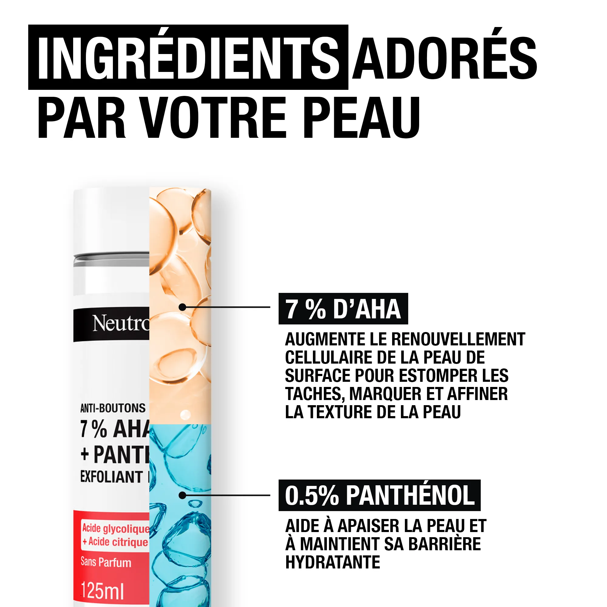 Bouteille d’exfoliant Neutrogena avec un texte en français à côté d’un produit Garnier Skin Active « Soin Liquide Exfoliant Salicylique Peau Lisse » de 120 ml, sur un fond de bulles beiges et bleues symbolisant le soin et la douceur de la peau. Dakar