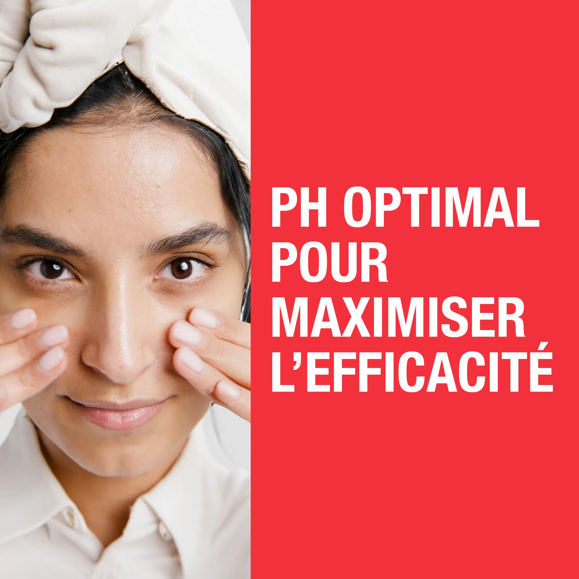 Une femme, une serviette sur la tête, se caresse les joues. À côté d'elle, un texte en français sur fond rouge indique : « PH optimal pour maximiser l’efficacité », mettant en avant le produit Garnier Skin Active Soin Liquide Exfoliant Salicylique Peau Lisse 120 ml. Dakar