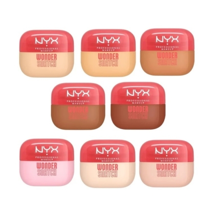 Huit tubes de maquillage NYX Wonder Stick dans différentes teintes, chacun doté d'un couvercle rouge et d'une base beige, marron ou rose — parfaits pour être utilisés avec la poudre libre fixatrice et illuminatrice NYX Wonder Snatch de 6 g. Dakar
