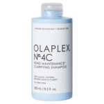 Un flacon de shampooing clarifiant Olaplex No. 4C Bond Maintenance, 250 ml (8.5 fl oz), avec une étiquette bleu clair et un bouchon blanc, conçu pour nettoyer en profondeur et redonner de l'éclat à tous les types de cheveux. Dakar