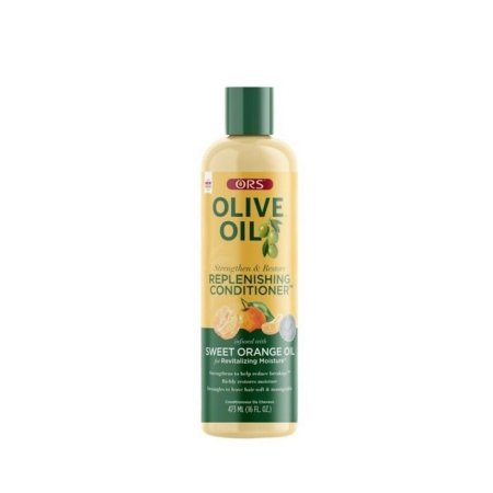 Une bouteille d'après-shampoing reconstituant ORS à l'huile d'olive et à l'huile d'orange douce ; emballage jaune et vert, format de 425 ml (16 fl oz), favorise le renforcement et la restauration de l'hydratation des cheveux. Dakar