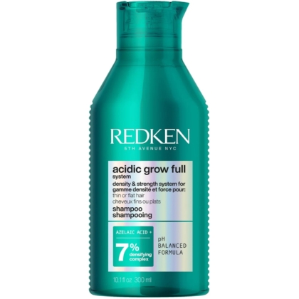Un flacon bleu sarcelle de shampoing Redken Acidic Grow Full, orné d'une inscription blanche mettant en avant les mentions « acidic grow full system », « complexe densifiant à 7 % » et « formule au pH équilibré ». Le flacon a une contenance de 300 ml (10,1 fl oz). Dakar
