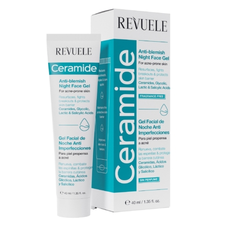 Un tube et un étui de « Revuele Ceramide Gel Soin Nuit Anti-Acné et Anti-Points Noirs aux Céramides » de 40 ml, destiné aux peaux à tendance acnéique, comportant des informations en anglais et en espagnol sur les céramides ainsi que sur les acides glycolique, lactique et salicylique. Dakar