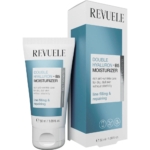 Un tube et un coffret de la crème hydratante Revuele Double Hyaluron+ B5 « Soin Hydratant Visage Anti-Déshydratation » de 50 ml, présentés dans un emballage blanc et bleu, mettent en avant un soin anti-rides intense destiné aux peaux sèches et ternes, en soulignant ses bienfaits et en affichant les icônes du produit. Dakar
