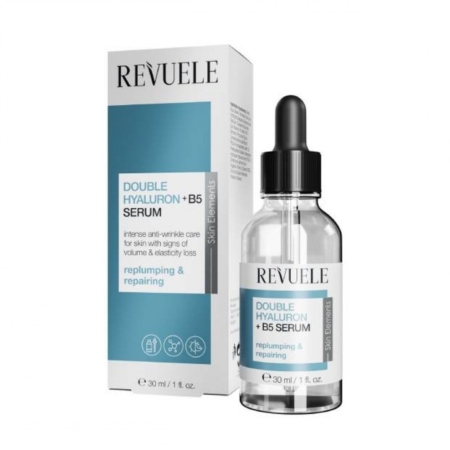 Un flacon et un coffret de Revuele Double Hyaluron+ B5 Sérum Hydratant Anti-Rides à l’acide hyaluronique et à la vitamine B5, 30 ml, dans un emballage blanc et bleu, idéal pour repulper et réparer les peaux présentant une perte de volume ou d’élasticité. Dakar