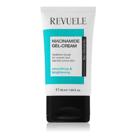 Un tube de 50 ml de Revuele Niacinamide Gel Crème Fluide Hydratant Éclat et Lissant, conçu pour hydrater, lisser et illuminer les peaux irrégulières ou sujettes aux imperfections ; tube blanc rehaussé de touches de turquoise et de noir. Dakar