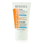 La crème pour le visage Revuele SunProtect SPF 50+ Hydratation et Protection Solaire 50 ml se présente dans un emballage orange et blanc rehaussé de touches de bleu. Conçue pour les peaux normales à sèches, elle met en avant une protection solaire élevée et une hydratation intense. Dakar