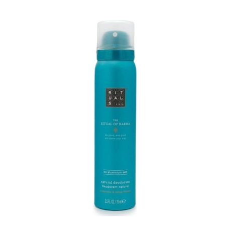 Le déodorant naturel « The Ritual of Karma » de Rituals, sans sels d'aluminium, en format aérosol de 75 ml, de couleur bleu sarcelle, présente un lettrage argenté et blanc ainsi qu'un bouchon en plastique transparent, et contient 75 ml (2,5 fl oz) de produit. Dakar
