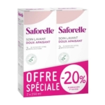 Saforelle Soin Lavant Doux Lot De 2x250ml est présenté dans un pack de deux, avec une étiquette rose qui met en évidence une offre spéciale de 20% sur ce produit doux de nettoyage intime quotidien. Dakar