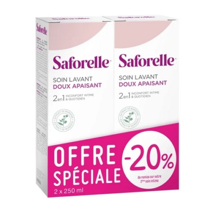Saforelle Soin Lavant Doux Lot De 2x250ml est présenté dans un pack de deux, avec une étiquette rose qui met en évidence une offre spéciale de 20% sur ce produit doux de nettoyage intime quotidien. Dakar