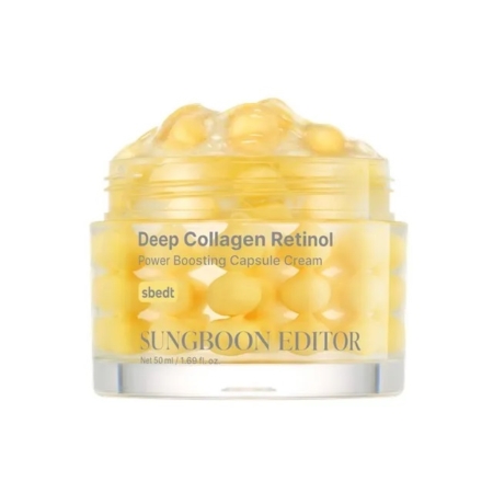 Un pot transparent contenant des gélules jaunes portant l'étiquette « Deep Collagen Retinol Power Boosting Capsule Cream » de SUNGBOON EDITOR, qui rappelle la crème « Mary and May Crème Anti-Âge Raffermissante au Rétinol Spicule 15 g (Copie) », sur fond blanc. Dakar