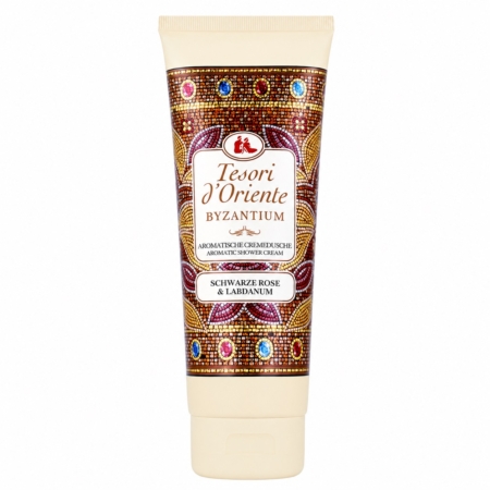 Un tube de 250 ml de « Crème de Douche Byzantium » de Tesori d'Oriente, un gel douche crémeux au parfum mystérieux, orné d'un motif en mosaïque aux couleurs vives (rouge, jaune et bleu), met en avant la rose noire et le labdanum comme ingrédients phares. Dakar