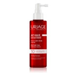 Un flacon rouge d'Uriage Eau Thermale AP Hair Sérum intensif anti-chute avec un distributeur à pompe blanc, avec un texte blanc et orange détaillant ses bienfaits pour la chute et la croissance des cheveux. Dakar