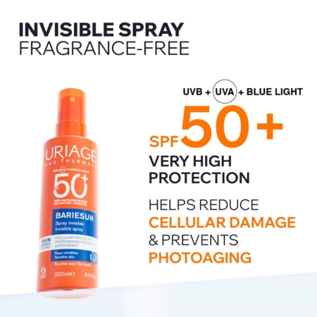 Le spray Uriage Bariésun SPF 50+ Protecteur Visage et Corps 200 ml offre une très haute protection contre les rayons UVB, UVA et la lumière bleue ; il est sans parfum, aide à réduire les dommages cellulaires et prévient le photovieillissement. Dakar
