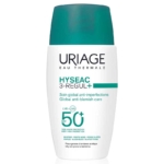 Un flacon blanc d'Uriage Hyseac 3 Regul Soin Global SPF50 Anti-boutons, points noirs et pores dilatés, 50 ml, rehaussé de touches de bleu sarcelle, offre une protection solaire élevée et un soin anti-imperfections pour les peaux grasses ou sujettes aux imperfections. Dakar