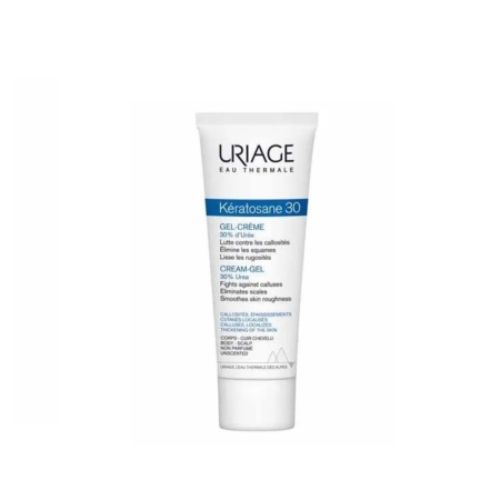 Un tube blanc de gel-crème Uriage KERATOSANE 30 à 30 % d'urée, anti-callosités pour peaux très sèches, d'une contenance de 30 ml, orné d'une inscription bleue et noire, est posé à la verticale, présentant les informations sur le produit sur sa face avant. Dakar