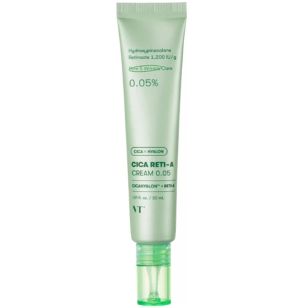 Un tube vert de Vt Cica Reti A 0,05 Soin Correcteur Anti-Âge au Rétinol et à la Centella Asiatica, 30 ml, doté d'une étiquette transparente, d'un bouchon vert clair et d'une mention bien visible de la teneur en rétinoate et des ingrédients clés. Dakar
