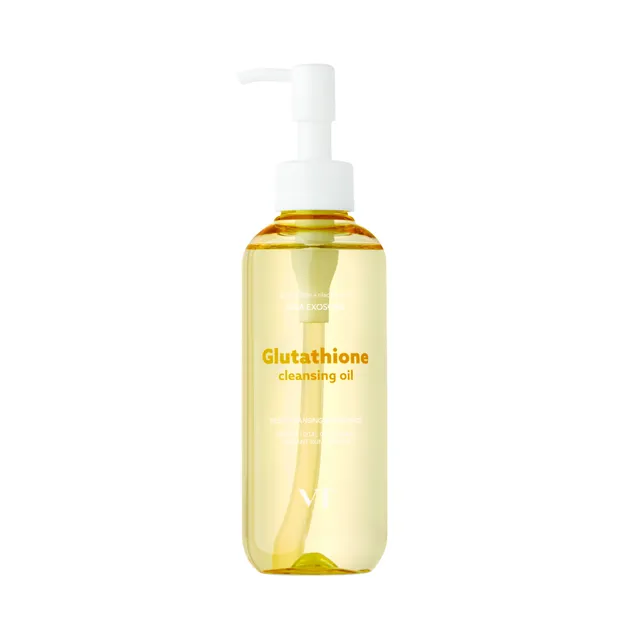 Un flacon transparent de 200 ml de « Vt Huile Démaquillante Éclat et Hydratation au Glutathion », muni d'une pompe blanche et d'une étiquette au texte doré, est représenté debout sur un fond blanc uni. Dakar