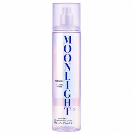 Le parfum pour le corps « Moonlight Brume » d'Ariana Grande pour femme, en format 236 ml, se présente dans un flacon transparent orné d'une étiquette irisée et d'un bouchon vaporisateur teinté de violet. Il contient 8 fl oz (236 ml) de brume pour le corps. Dakar