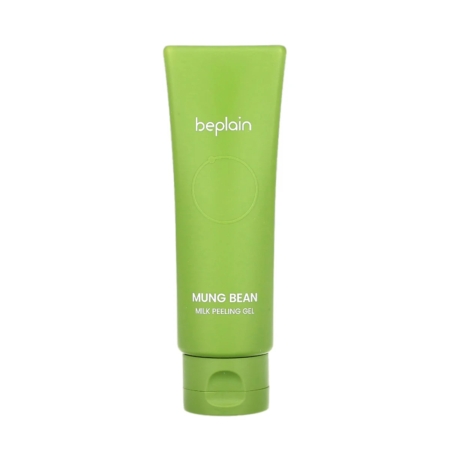 Le gel exfoliant Beplain au lait de haricot mungo pour peaux sensibles, format 120 ml, est présenté debout sur un fond blanc, mettant en valeur son tube vert orné d'un lettrage blanc et muni d'un bouchon à rabat. Dakar